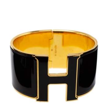 Pre Owned Hermes Clic Clac H Black Enamel Gold Plated Extra Wide Bracelet GM