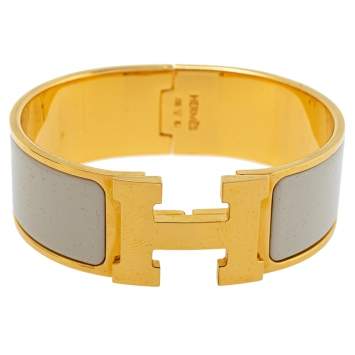 Pre Owned Hermès Clic Clac H Cream Enamel Gold Plated Wide Bracelet PM