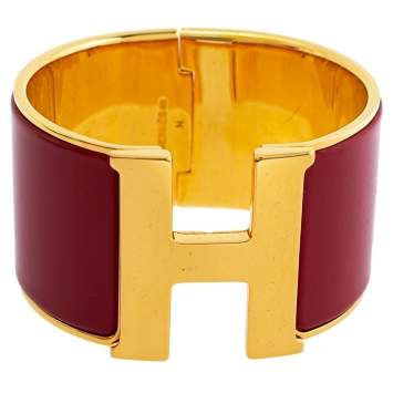 Pre Owned Hermès Clic Clac H Red Enamel Gold Plated Extra Wide Bracelet