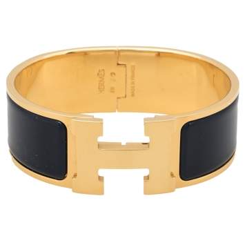 Pre Owned Hermes Clic Clac H Blue Enamel Gold Plated Bracelet PM