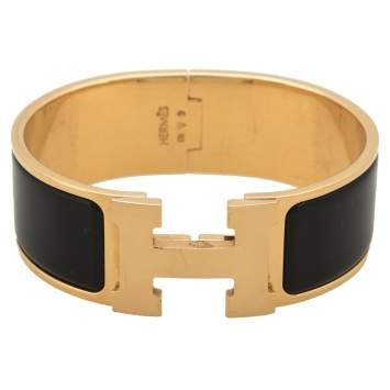 Pre Owned Hermes Clic Clac H Black Enamel Gold Plated Bracelet PM