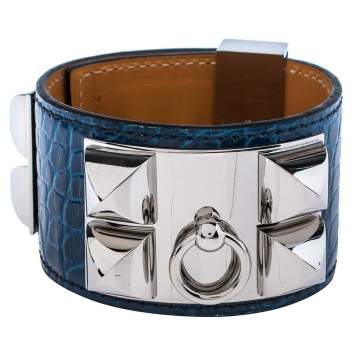 Pre Owned Hermès Blue Alligator Leather Collier de Chien Cuff Bracelet S