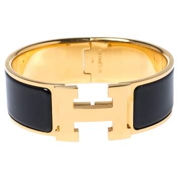Pre Owned Hermes Clic Clac H Black Enamel Gold Plated Wide Bracelet PM