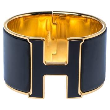 Pre Owned Hermès Clic Clac H Black Enamel Gold Plated Extra Wide Bracelet PM