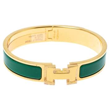 Pre Owned Hermès Clic H Vert Sapin Enamel Gold Plated Narrow Bracelet GM