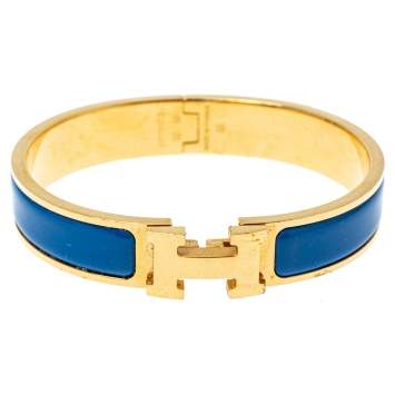 Pre Owned Hermes Clic H Blue Enamel Gold Plated Narrow Bracelet GM
