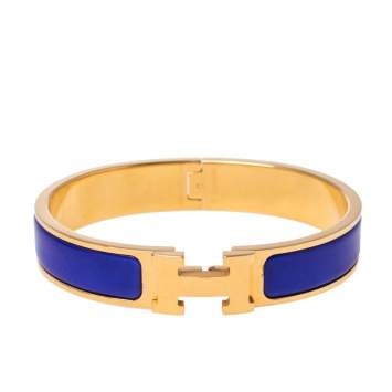 Pre Owned Hermès Clic H Blue Enamel Gold Plated Narrow Bracelet PM