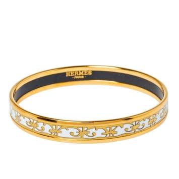 Pre Owned  Hermès Balcons du Guadalquivir White Enamel Gold Plated Narrow Bangle 
