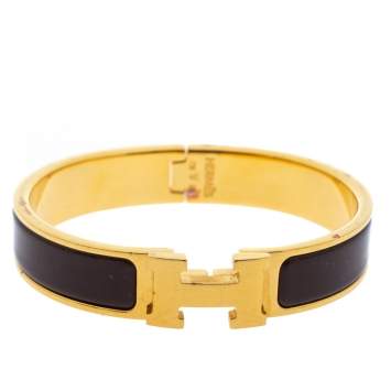 Pre Owned Hermès Clic H Brown Enamel Gold Plated Narrow Bracelet PM