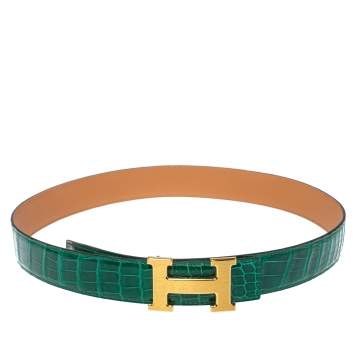 Pre Owned Hermes Cactus Porosus Crocodile Constance Polished Gold Plated H Buckle Belt 85CM