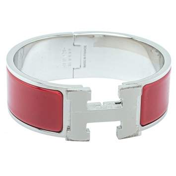 Pre Owned Hermès Clic Clac H Red Enamel Palladium Plated Wide Bracelet PM 