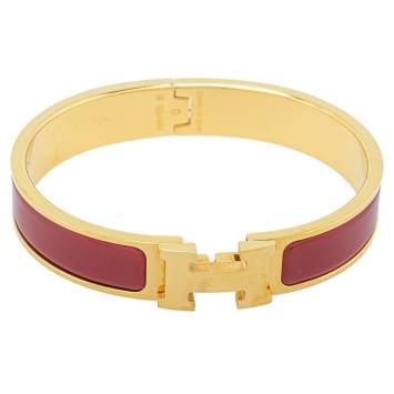 Pre Owned Hermès Clic H Red Enamel Gold Plated Narrow Bracelet PM 