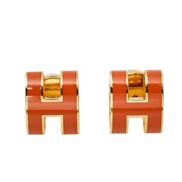 Pre Owned Hermès Pop H Orange Lacquered Gold Plated Stud Earrings