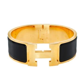 Pre Owned Hermès Clic Clac H Black Enamel Gold Plated Wide Bracelet PM 