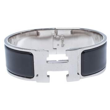 Pre Owned Hermès Clic Clac H Black Enamel Palladium Plated Wide Bracelet GM