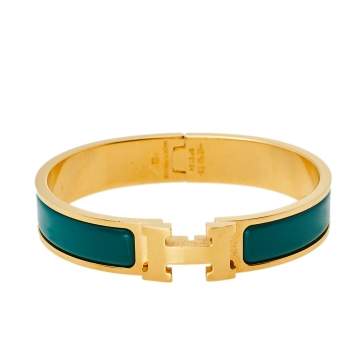 Pre Owned Hermès Clic H Green Enamel Gold Plated Narrow Bracelet PM