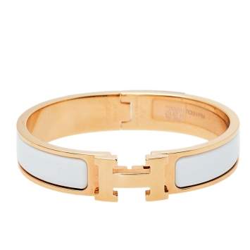 Pre Owned Hermes Rose Gold Plated White Enamel Clic H Narrow Bracelet PM