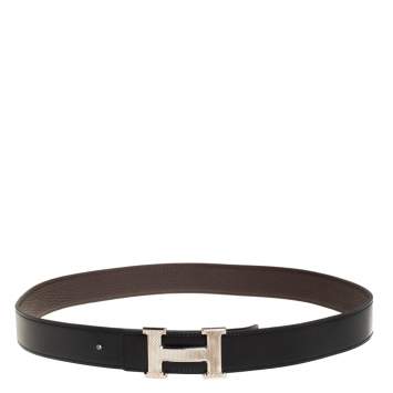 Pre Owned Hermes Black/Cacao Box Calf and Togo Leather Guillochee H Buckle Reversible Belt 80CM