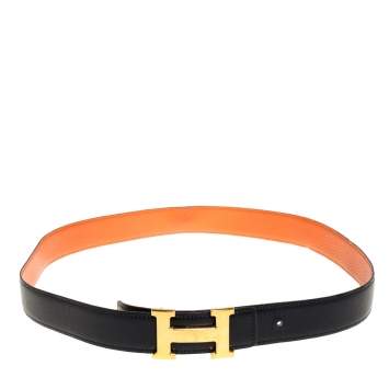 Pre Owned Hermes Noir/Orange Box Calf and Togo H Buckle Reversible Belt 90CM