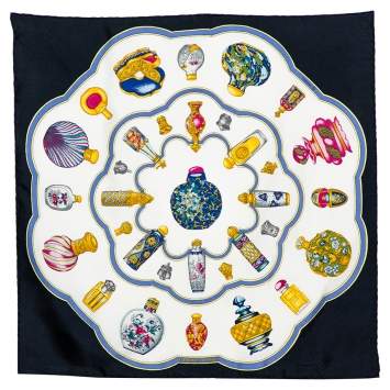 Pre Owned Hermes Black Perfume Bottle Printed Square Silk Scarf