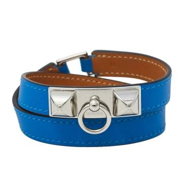 Pre Owned Hermes Blue Izmir Tadelakt Leather Palladium Plated Rivale Double Tour Bracelet M