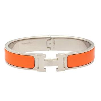 Pre Owned Hermès Clic H Orange Enamel Palladium Plated Narrow Bracelet PM 