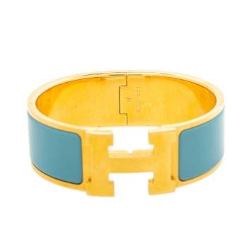 Pre Owned Hermès Clic Clac H Blue Enamel Gold Plated Wide Bracelet PM