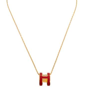 Pre Owned Hermes Red Lacquer Gold Plated Pop H Pendant Necklace