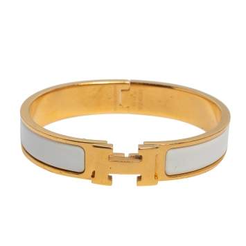 Pre Owned Hermès Clic H White Enamel Gold Plated Narrow Bracelet PM