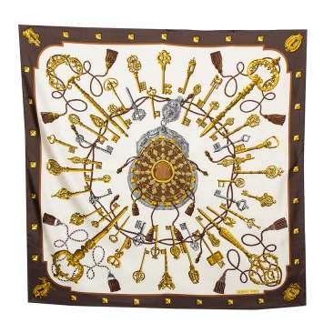 Pre Owned Hermes Brown Key Print Silk Twill Square Scarf