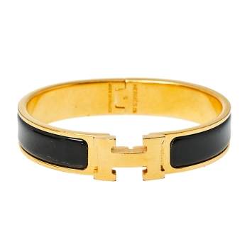 Pre Owned Hermès Clic H Black Enamel Gold Plated Narrow Bracelet PM