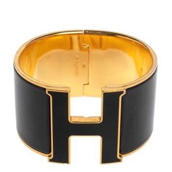 Pre Owned Hermès Clic Clac H Black Enamel Gold Plated Extra Wide Bracelet PM