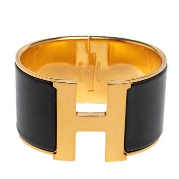 Pre Owned Hermès Clic Clac H Black Enamel Gold Plated Extra Wide Bracelet PM