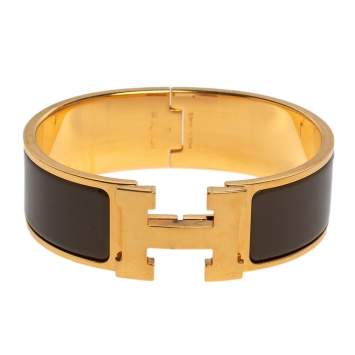 Pre Owned Hermès Clic Clac H Brown Enamel Gold Plated Wide Bracelet PM