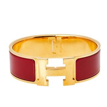 Pre Owned Hermès Clic Clac H Red Enamel Gold Plated Wide Bracelet PM
