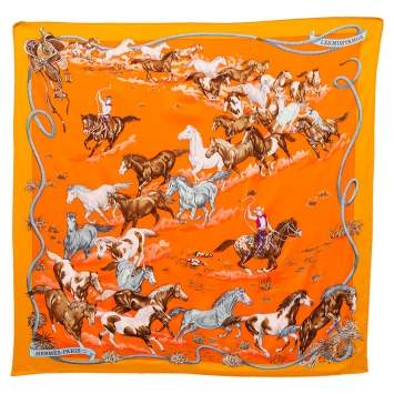 Pre Owned Hermes Orange Les Mustangs Silk Scarf