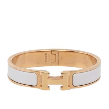 Pre Owned Hermès Clic H White Enamel Gold Plated Narrow Bracelet PM