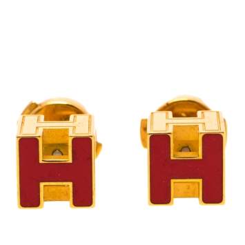 Pre Owned Hermes Cage d'H Red Lacquer Gold Plated Stud Earrings