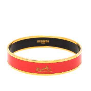 Pre Owned Hermès Caleche Coral Pink Enamel Gold Plated Bracelet