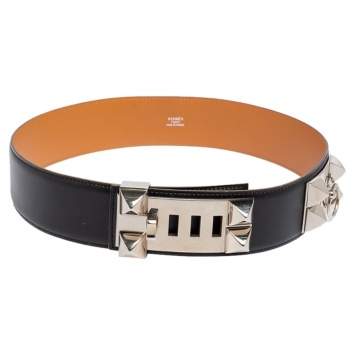 Pre Owned Hermes Noir Box Leather Palladium Plated Collier de Chien Belt 75 CM