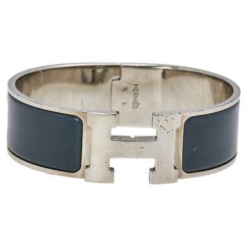 Pre Owned Hermès Clic Clac H Grey Enamel Palladium Plated Wide Bracelet PM