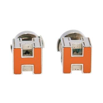 Pre Owned Hermès Palladium Plated Orange Enamel Cage d'H Stud Earrings 
