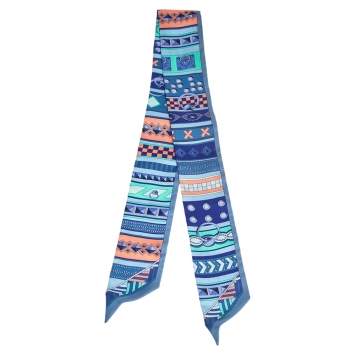 Pre Owned Hermès Blue Striped Motif Print Silk Twilly