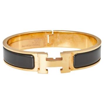 Pre Owned Hermès Clic H Black Enamel Gold Plated Narrow Bracelet PM