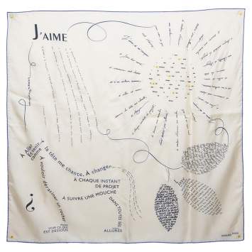 Pre Owned Hermès Cream Embroidered & Printed Calligram Silk Scarf