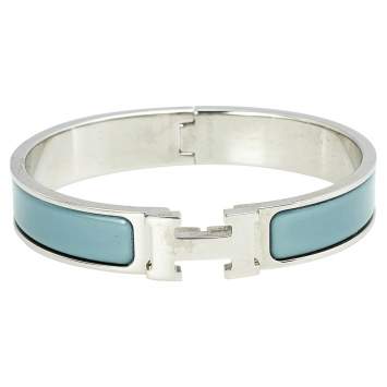 Pre Owned Hermès Clic H Palladium Plated Grey Enamel Narrow Bracelet