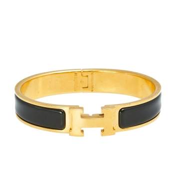 Pre Owned Hermès Clic H Black Enamel Gold Plated Narrow Bracelet PM
