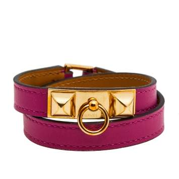 Pre Owned Hermes Rivale Double Tour Gold Tone Metal Pink Leather Bracelet T3