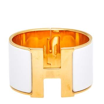 Pre Owned Hermès Clic Clac H White Enamel Gold Plated Extra Wide Bracelet