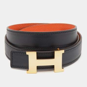 Pre Owned Hermes Black/Orange Chamonix And Epsom Leather Constance Reversible Belt 90CM